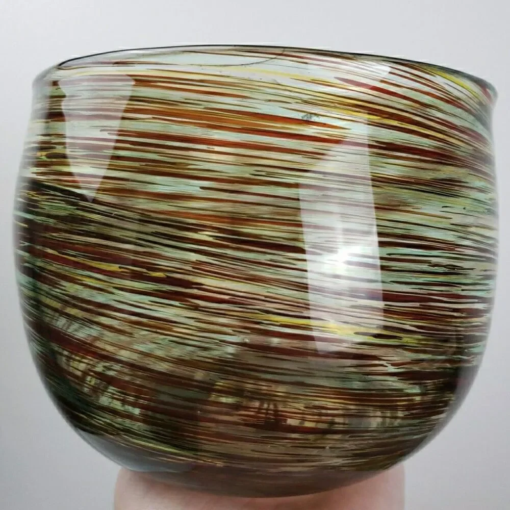 David Kolasky Signed Studio Blown Art Glass Vase Brown & Multi Swirls Bowl